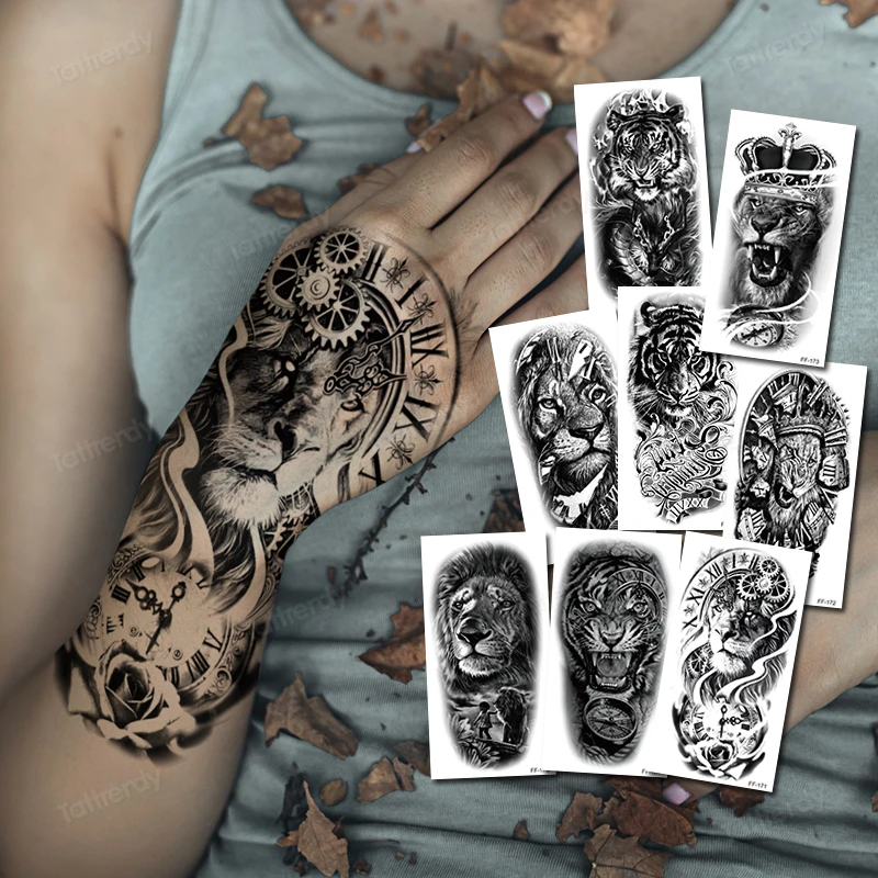 New Leão Masculino Impermeável Tatuagens De Tatuagens Braço De Braço De Mão  Legal Arte Preta Relógio De Transferência Tattoos Temporários De  Szincocomiss, $3,26