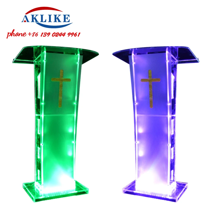 AKLIKE Acrylic Luminous Podium Cheap Glass Church Pulpit Modern Lectern Clear Desk