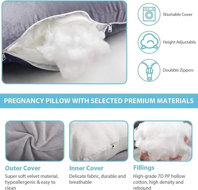Pregnancy Pillow J Shaped Full Body Pillow with Velvet Cover Grey Maternity Pillow for Pregnant Women,57 inch Full Body Pillows 6