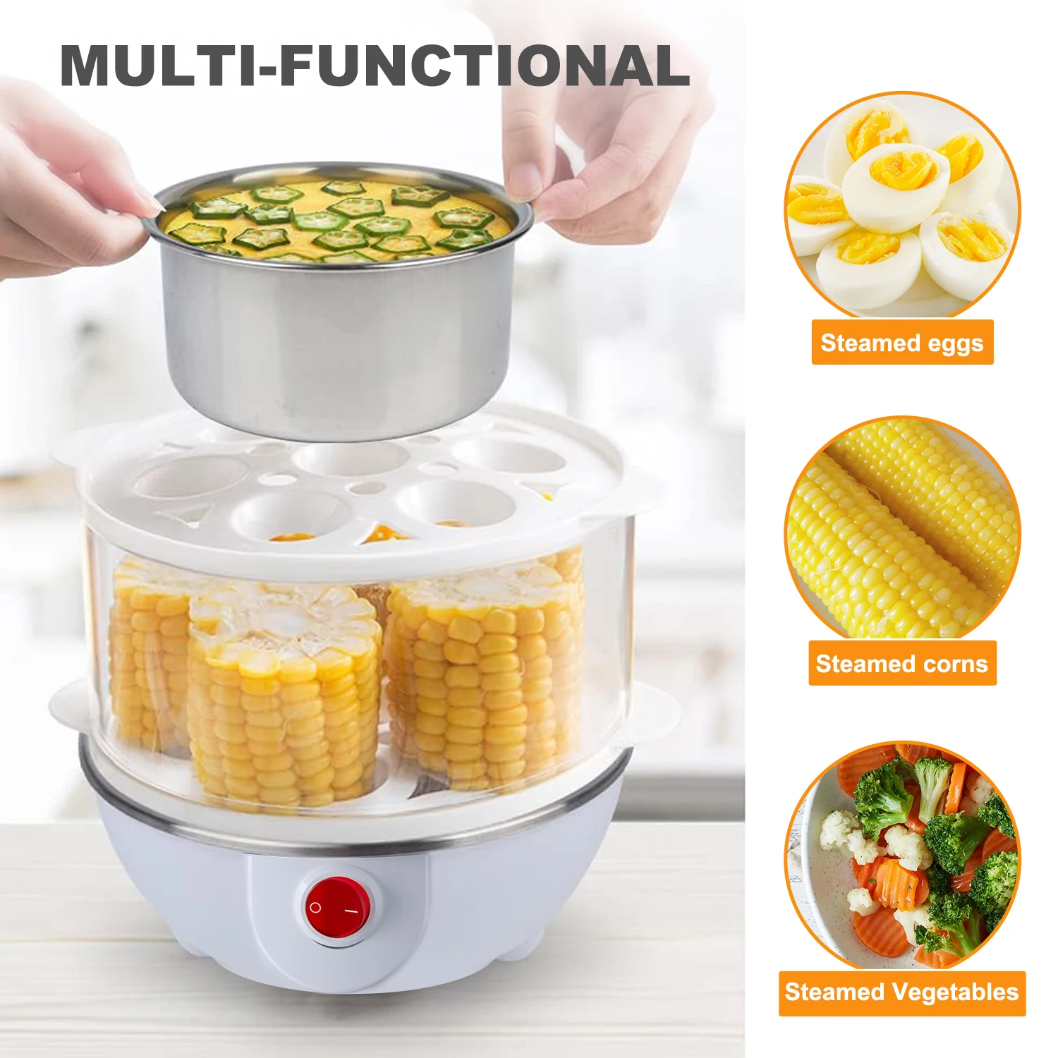 Egg Cooker-CACHOO Rapid Hard Boiled Egg Cooker with Measuring Cup, 14-Egg Capacity Steamer with Boil-Dry Protection