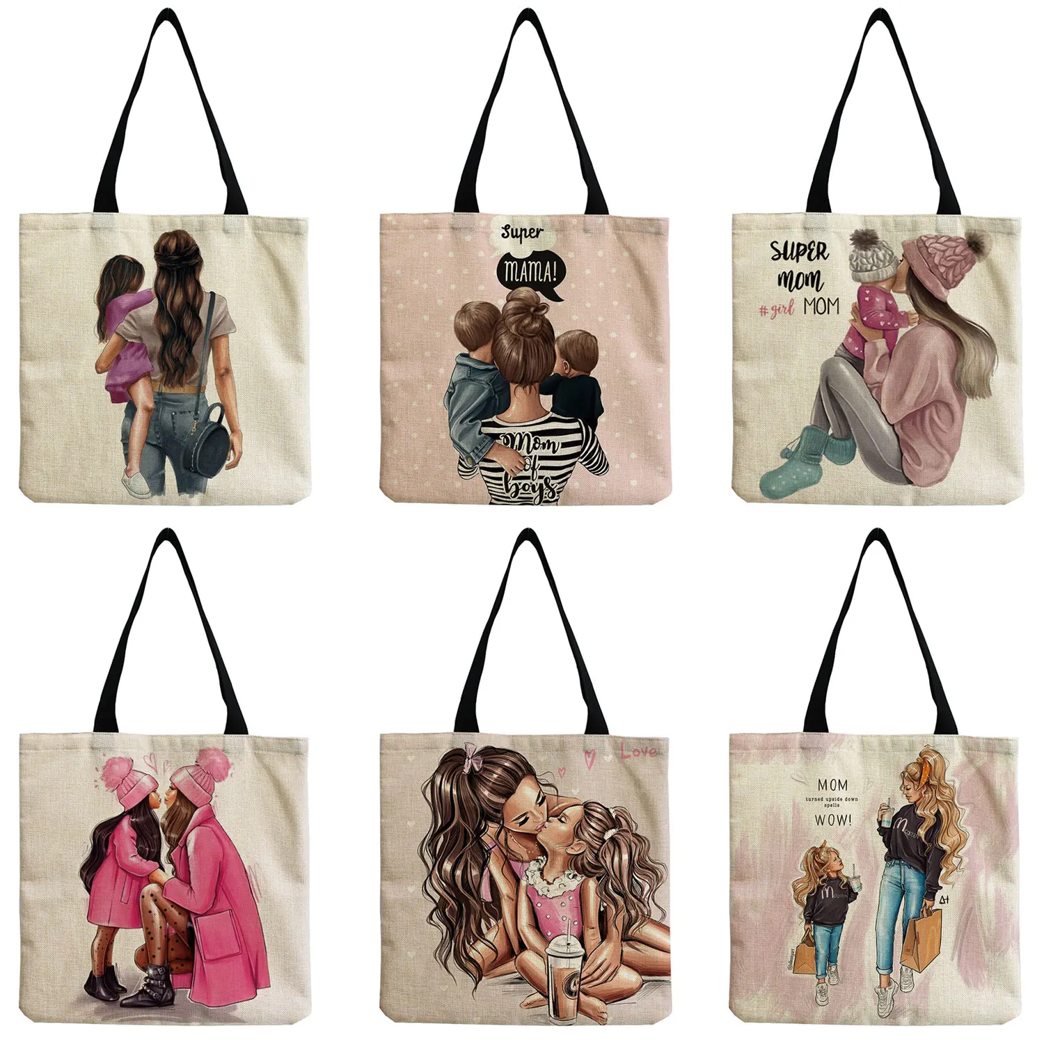 Customizable Travel Beach Bag Handbag Mom And Baby Ladies Portable Tote High Capacity Cute Cartoon Super Mama Print Foldable