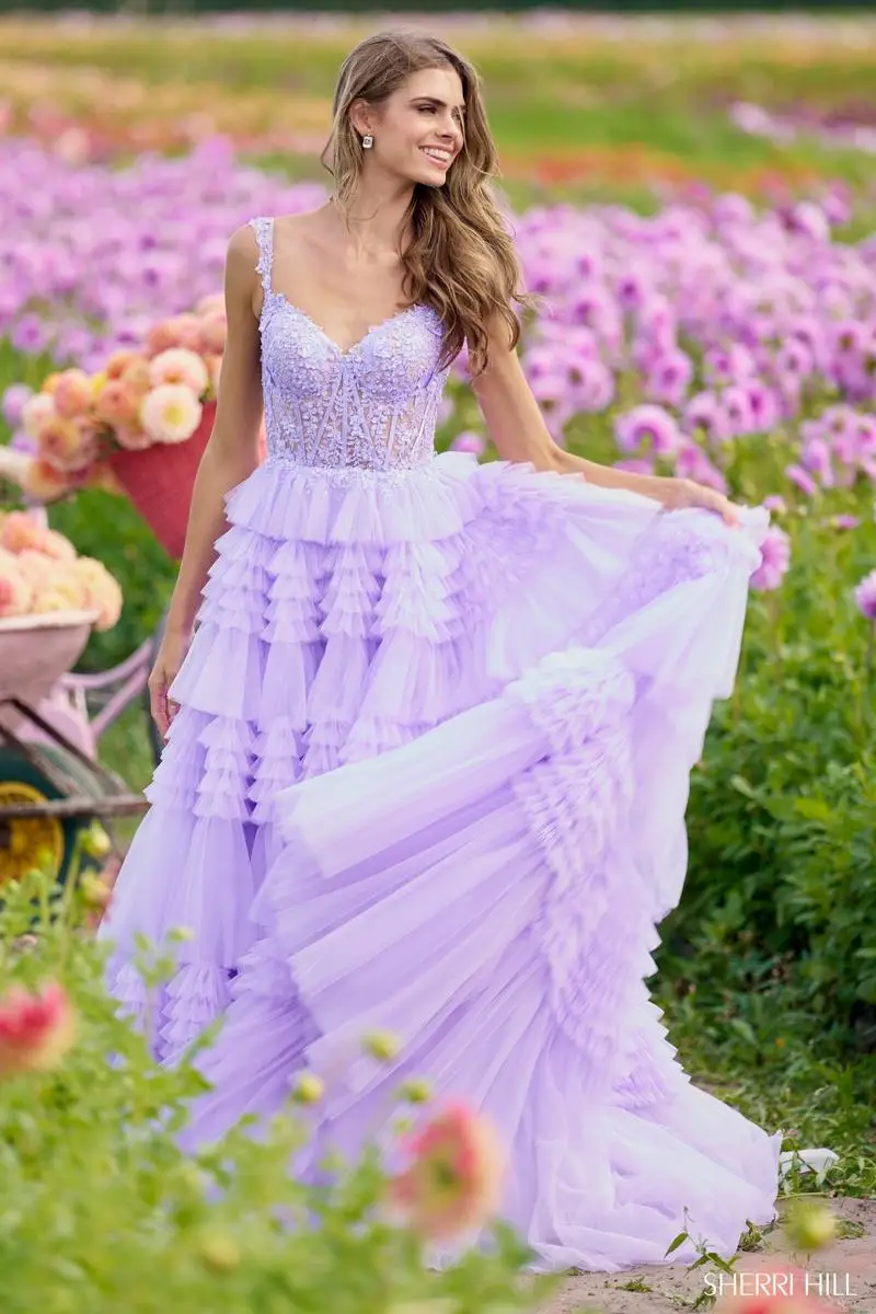 

Women'S V-Neck Ruffle Tiered Long Ball Gown With Appliques Off The Shoulder Corset Tulle Prom Dress Formal Evening Party Dresses