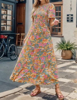 Casual Pastoral Style Floral Print Dress Long, Crewneck Short Sleeves High Waist Wide Ruffle Hem, Woman's Clothing 5