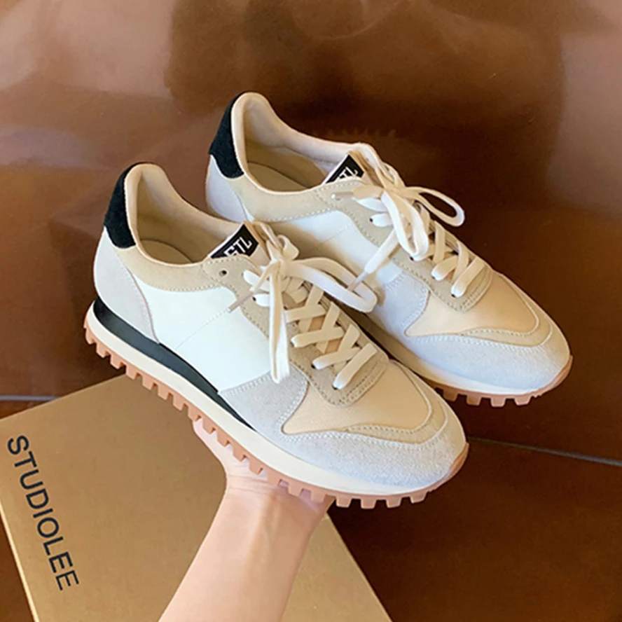 

Dave&Di Ins Fashion Blogger Retro Thick-soled Sports Casual Shoes Leather Color Matching Sneakers Female Training Shoes Students