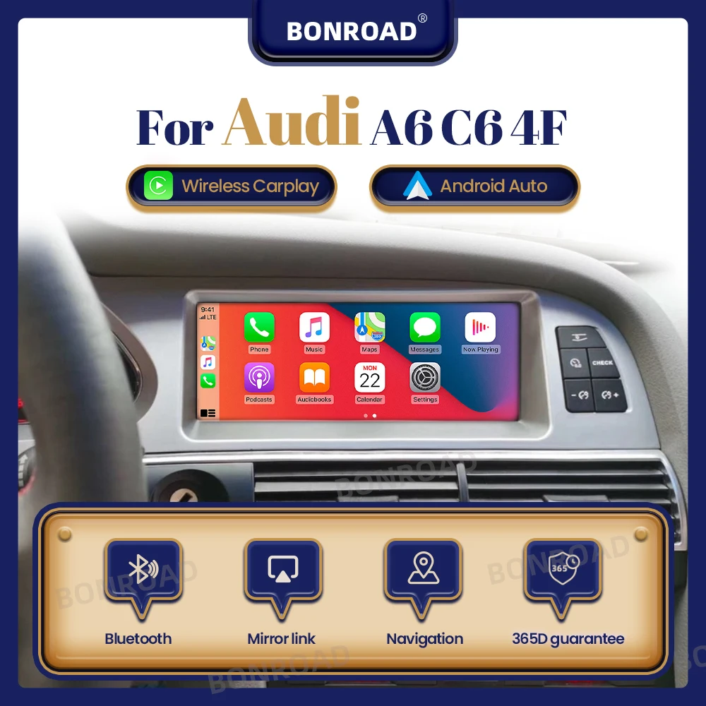 BONROAD inalámbrico CarPlay y Android Auto pantalla táctil Radio de coche para Audi A6 C6 4F 2005-2015 navegación GPS reproductor Multimedia 1