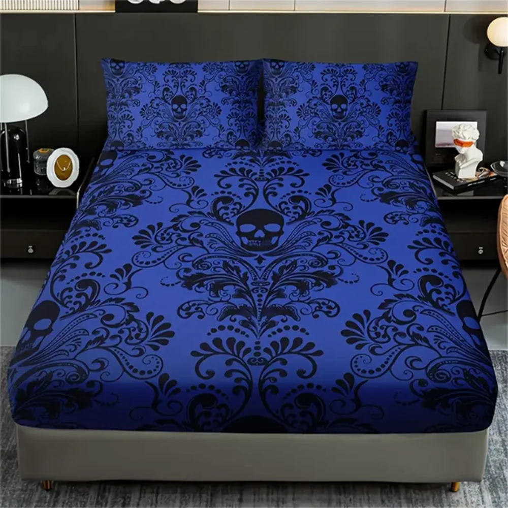 Skull Floral Design 3-Piece Bed Sheet Set - 100% Polyester, Digital Print, Breathable All-Season Fitted Sheet and Pillowcase Set 5