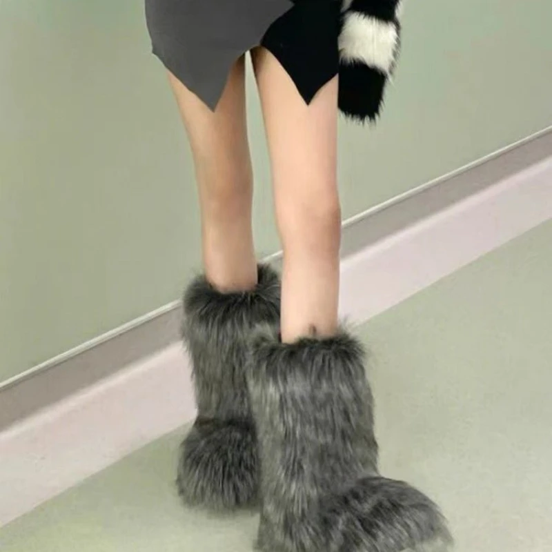 Women's Winter Fluffy Faux Fox Fur Boots Woman Plush Warm Snow Boots Luxury Footwear Girls' Furry Fur Bottes Fashion Winter Shoe