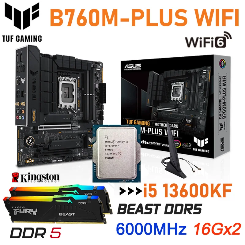 

Intel Core i5 13600KF Processor ASUS TUF GAMING B760M PLUS WIFI DDR5 LGA 1700 USB 3.2 Gen Motherboard Kingston 6000MHz 32GB RGB