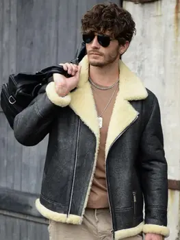 Мужская Дубленка Denny & Dora, мужская куртка-пилот, пальто из натуральной кожи, серая кожаная куртка