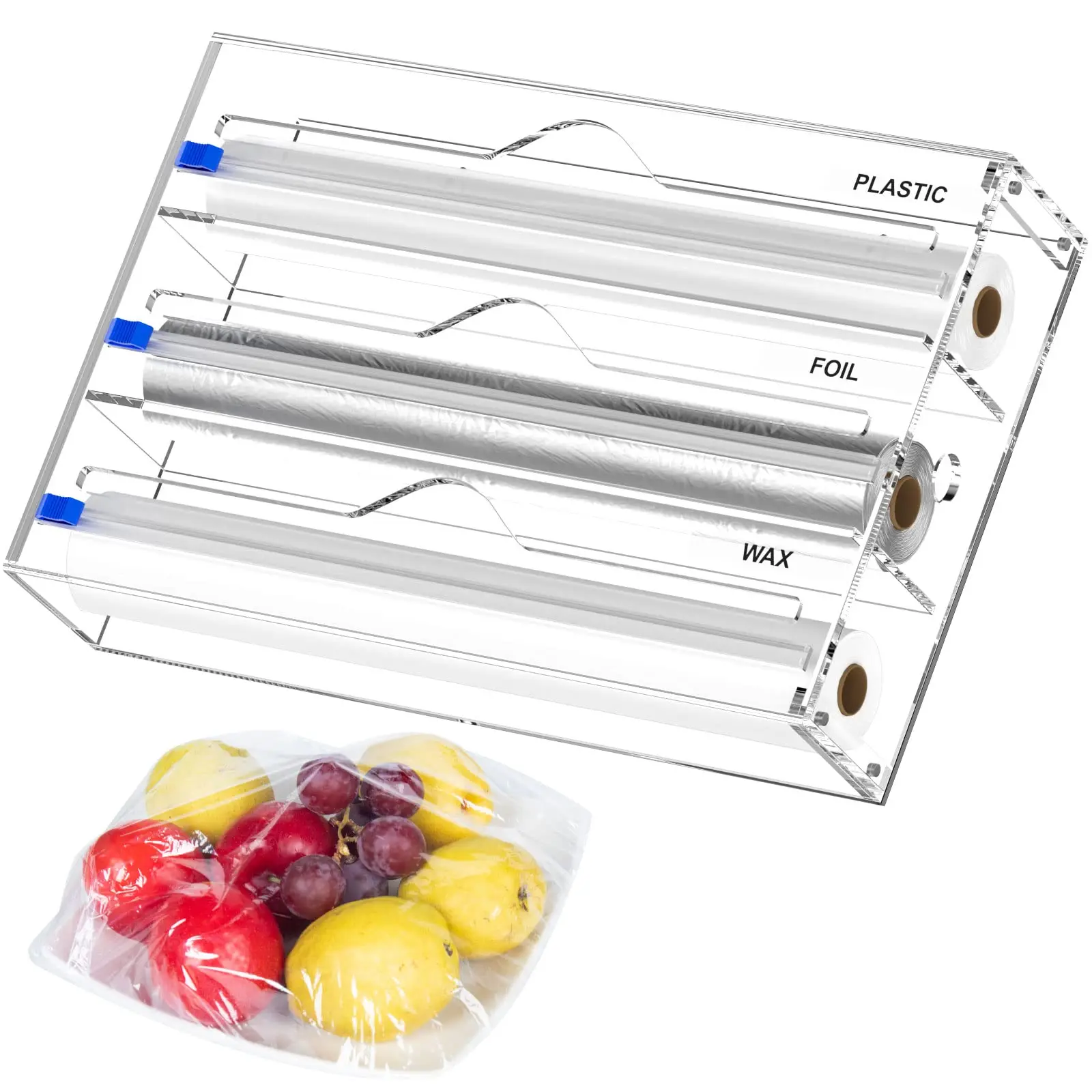 3 in 1 Wrap Dispenser, Acrylic Foil Dispenser with Slide Cutter Plastic Wrap, Aluminum Foil and