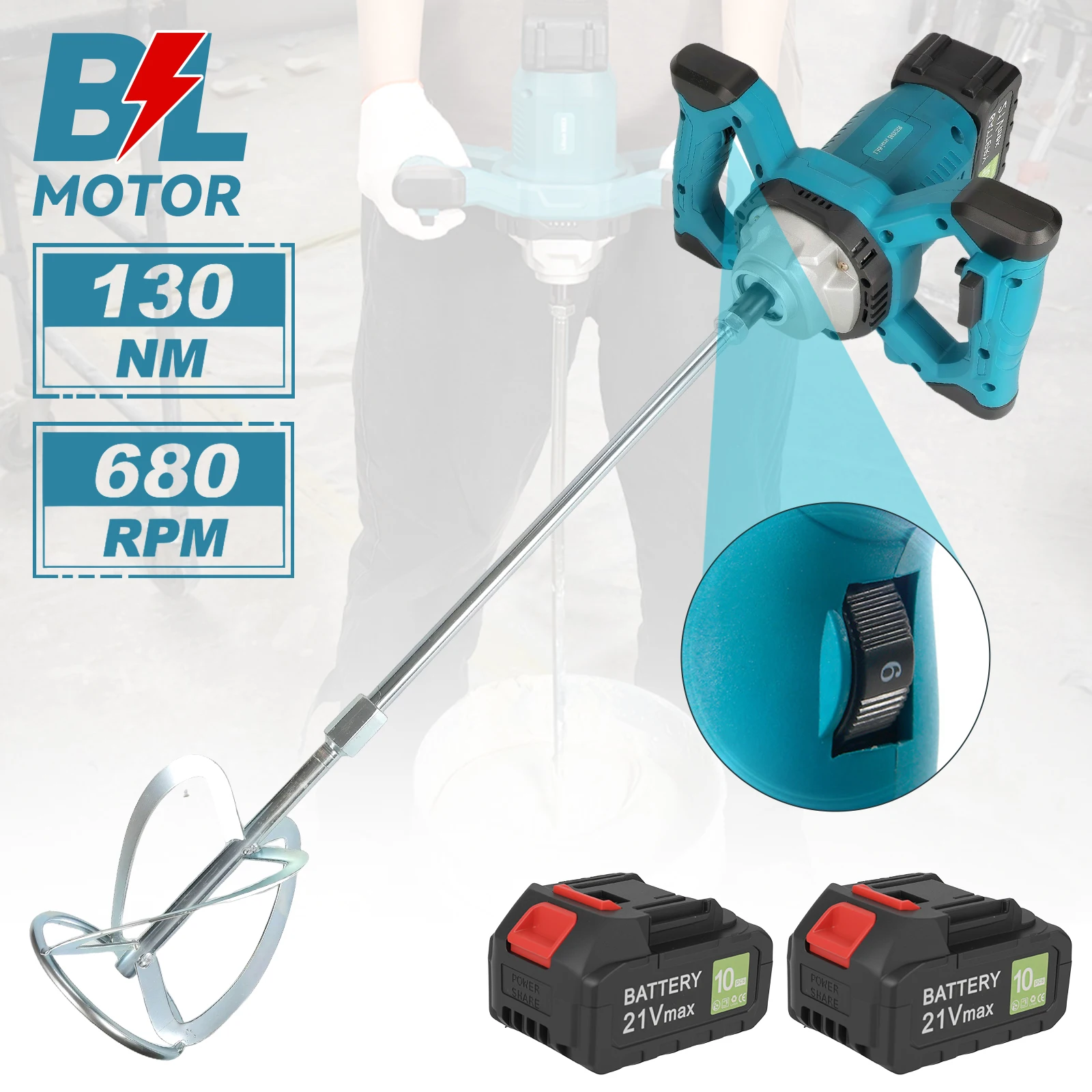 Bürstenloser elektrischer Betonmischer, 6-Gang, kabellos, für Zement, Mörtel, Putz, Farbe, kompatibel mit Makita 21V Akku. – Detail 1
