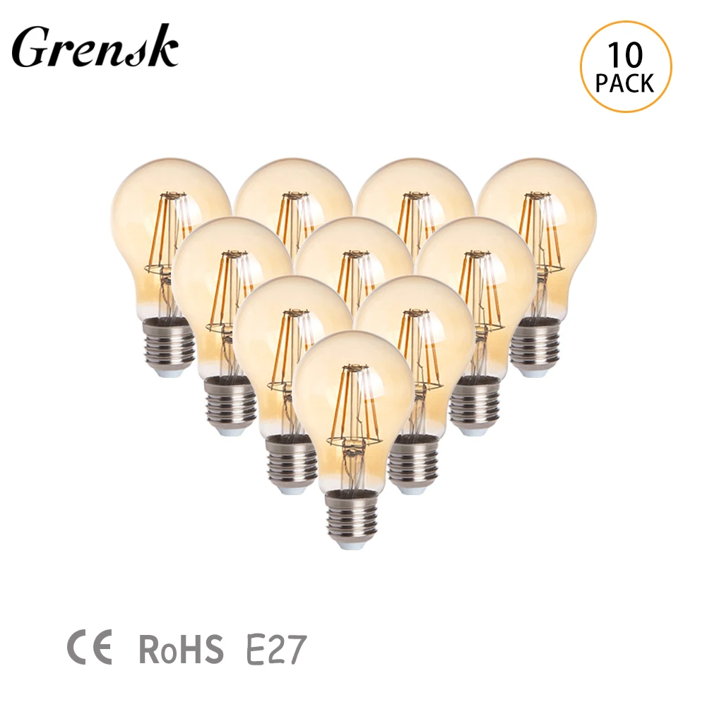 레트로 필라멘트 LED E27 전구 램프 A19 220V 8W 앰버 유리 70W 백열등 등가 LED 조명, 방 장, 10 개