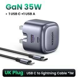 UGREEN GaN 35W Dual-Port USB-C Fast Charger with PD and QC Technology - UK Add iPhone Cable