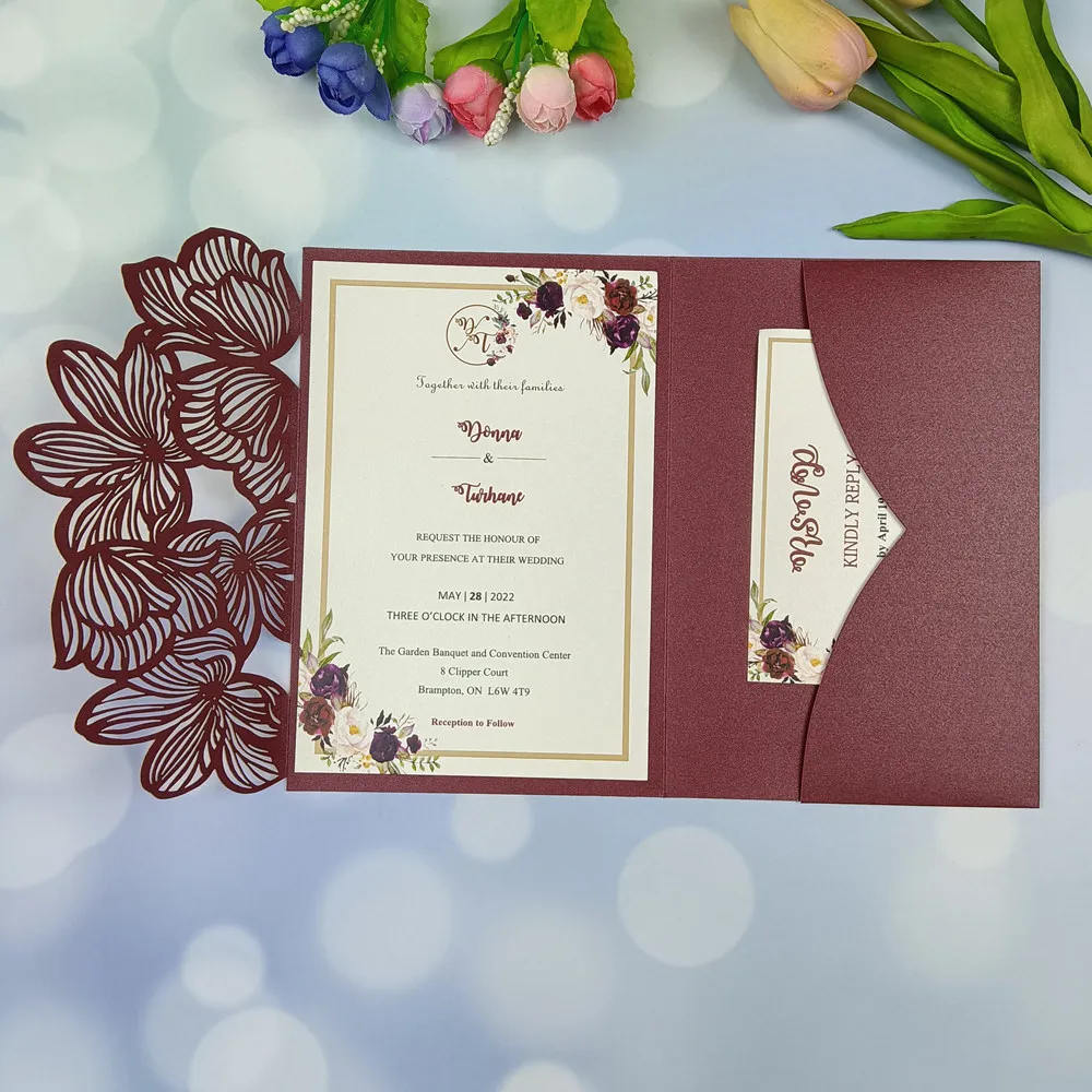 40X Laser Cut Green Navy Blue Leave tri-fold Wedding Invitation Cards Kit Personalized Leaf Pocket Invite Sleeve Customized RSVP