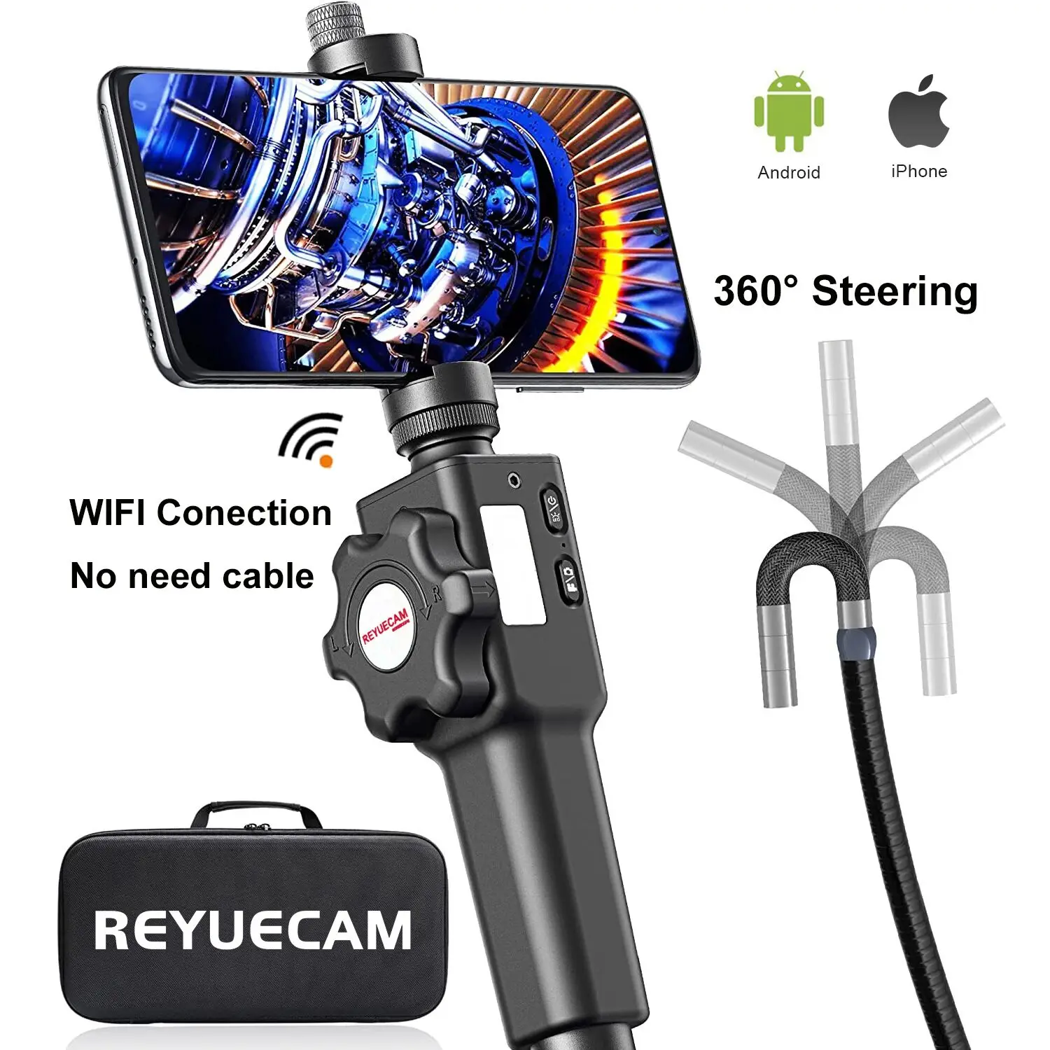 Reyuecam 6.2mm/8.5mm Diameter Articulating Endoscope Wifi 360° Steering
