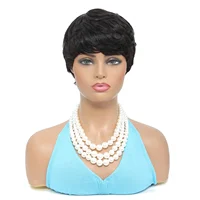 Perruque courte coupe pixie en cheveux humains, couleur noire, ondulée, effet naturel, pour femmes noires 3