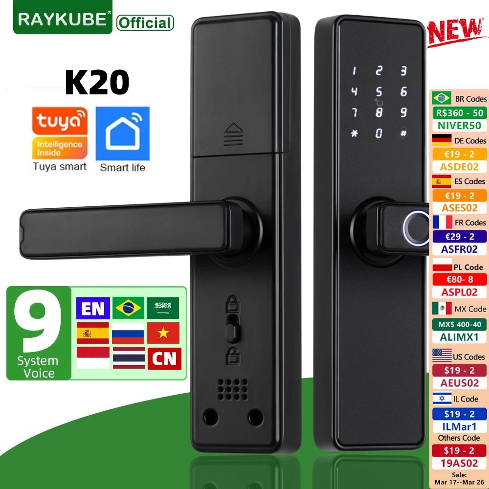 RAYKUBE K20 Tuya Bluetooth 9-language Fingerprint Door Lock Electronic Door Lock Tuya /IC Card/Password/ Key Unlock smart door lock smart lock electronic lock fingerprint door lock