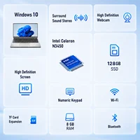 Ordinateur portable 14 pouces, 8 Go de RAM, 128 Go de SSD, PC portable 2,56 GHz Quad Core, ultra fin et léger, pour étudiants, avec WiFi, Bluetooth, écran HD, compatible Windows 10, pour le bureau, les études, argenté 3