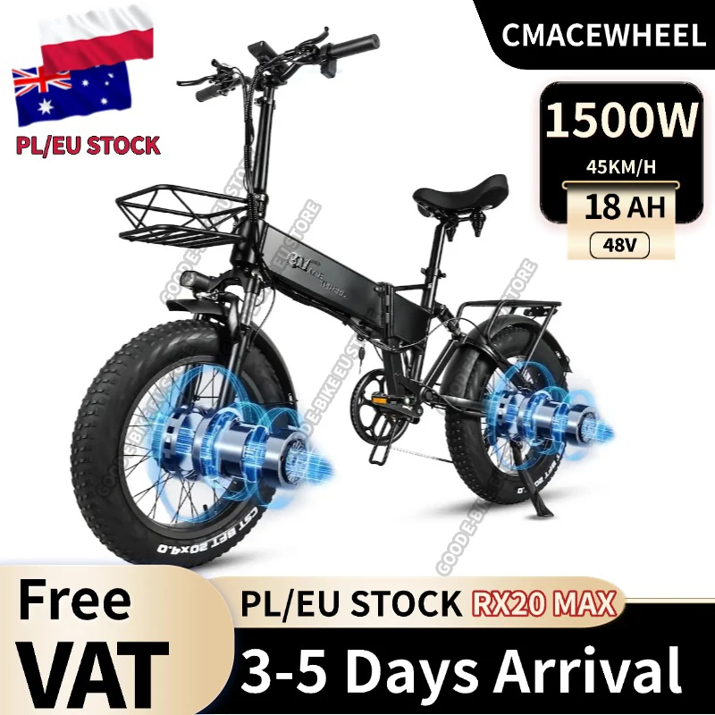 Cmacewheel RX20 MAX Electric Bike Foldable 2x750W 48V 18Ah CST 20*4.0 Inch Fat Tires Folding E-bike Hydraulic Brakes 7 Gears