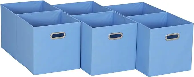 6-pack foldable fabric storage bins, black. Includes handles, ideal for cubbies, closets, or toy organization 6