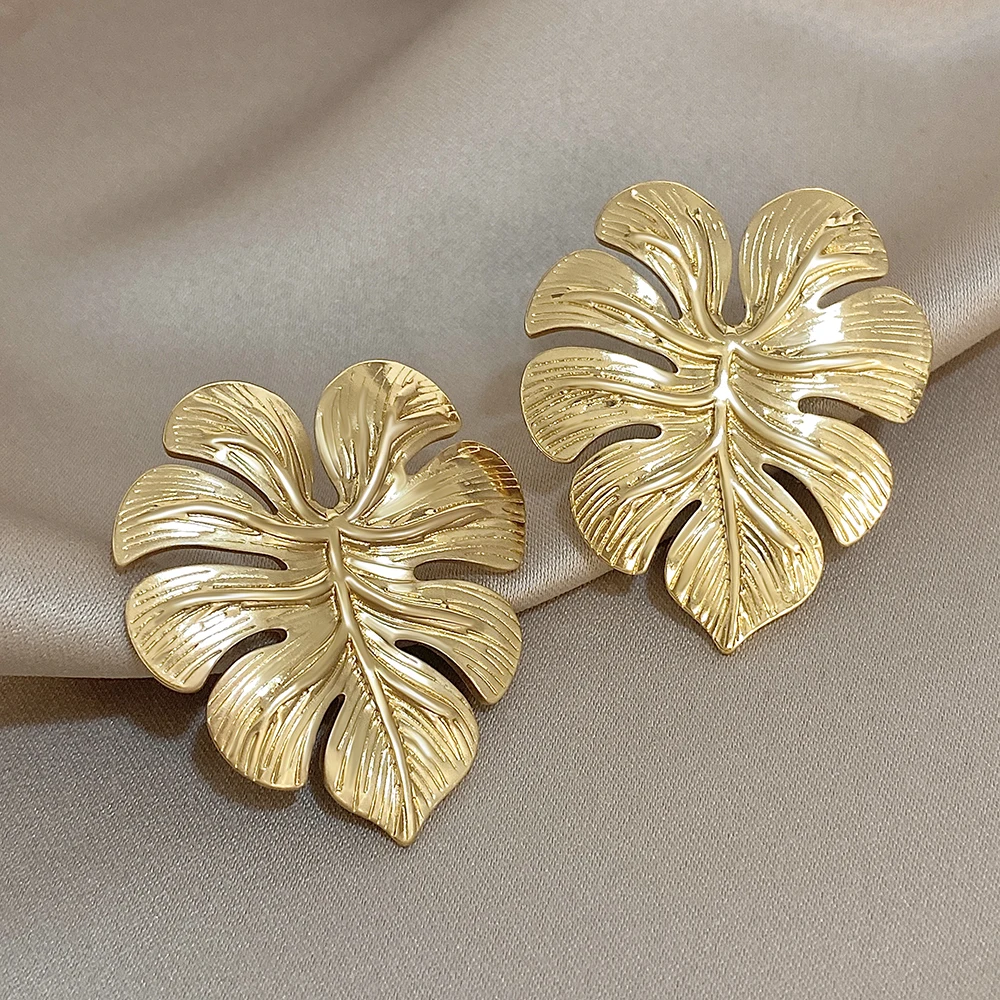 Elegant Stainless Steel Large Leaf Stud Earrings for Women Waterproof Smooth Golden Metal Piercing Earrings 2025 Trendy Jewelry
