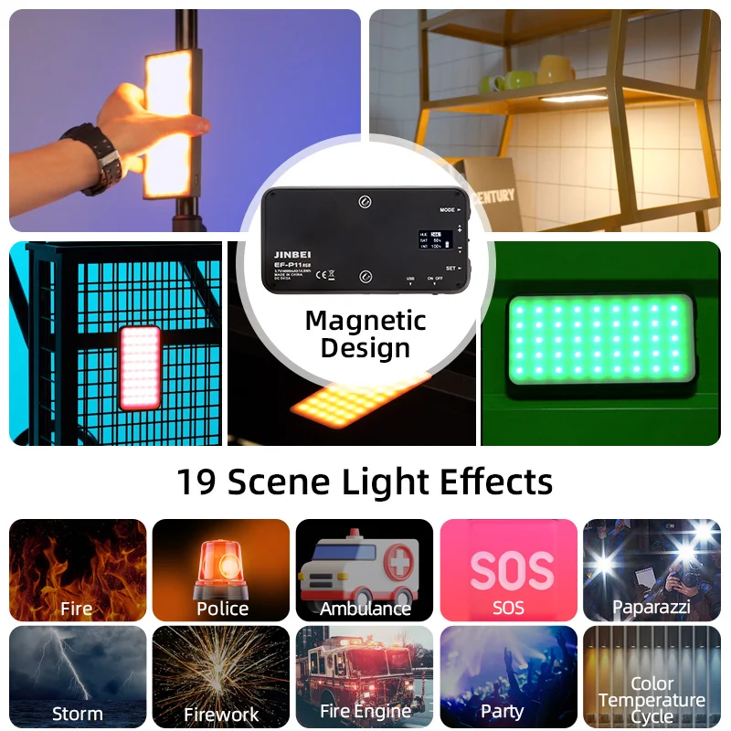 JINBEI EF-P11RGB LED 조명, 연속 조명 패널 램프, 풀 컬러 LCD 디스플레이 비디오 조명, 10W 2700-10000k CRI96 +