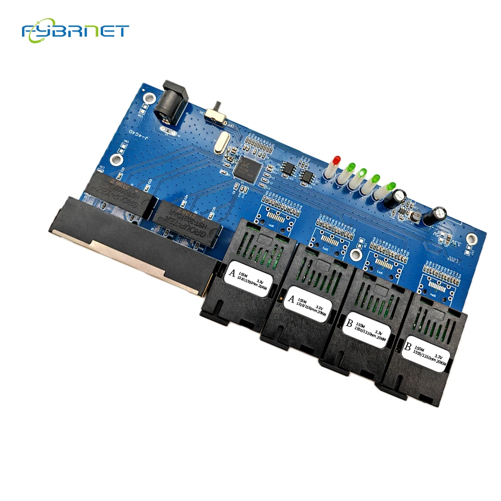 10/100Mbps Single Mode Fiber Switch 4F4E Fiber Port 20KM SC Optical Media Converter PCBA Fast Ethernet Simplex/Duplex