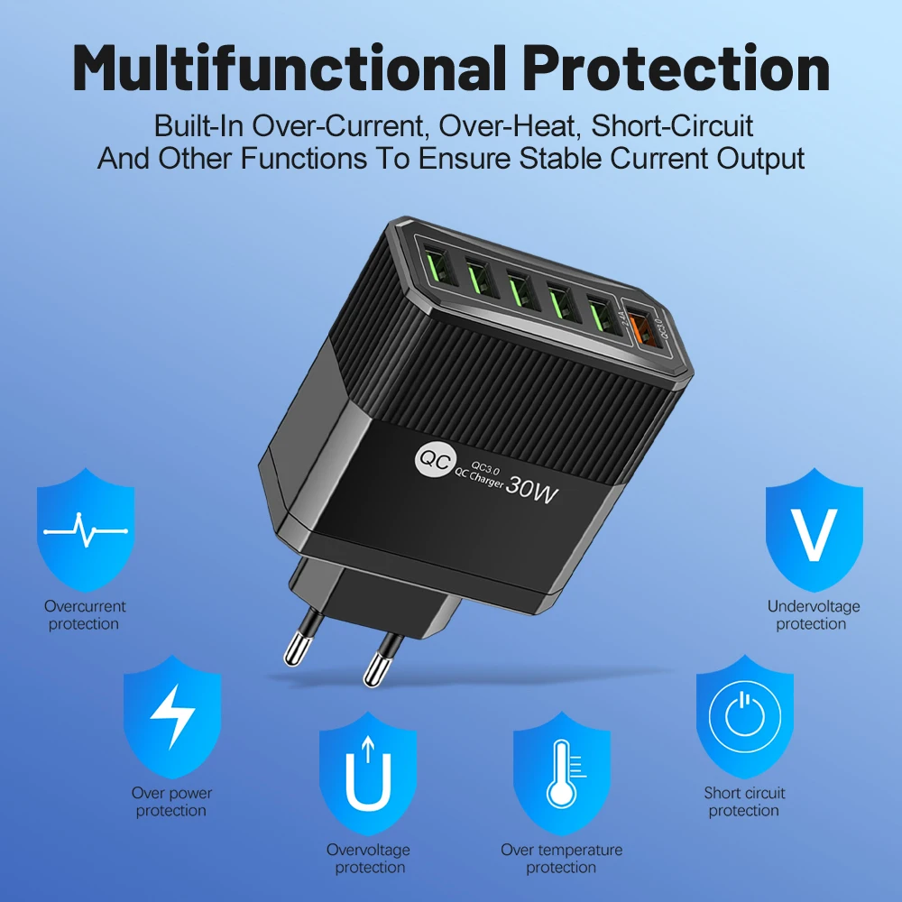 30W 6 USB EU US KR UK Plug Charger Phone Adapter for iPhone 15 Pro Max Xiaomi Samsung Tablet Portable Wall Mobile Charger