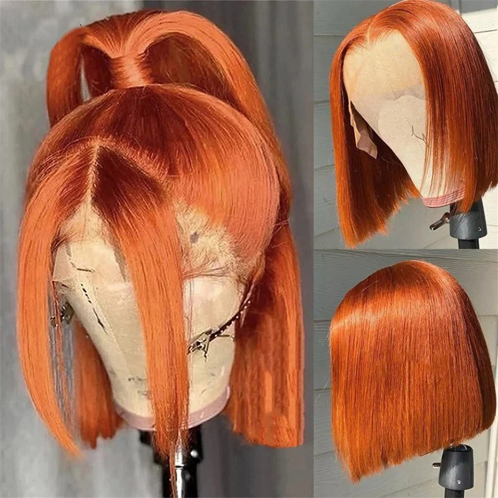 Perruques Bob 100% naturelles lisses vietnamiennes, couleur gingembre Orange, 13×4, Full Lace Frontal, Double tirage, pour femmes
