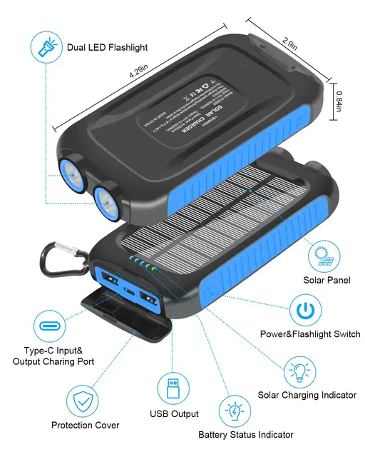 10000mAh Solar Power Bank Portable Waterproof Fast Charge 2