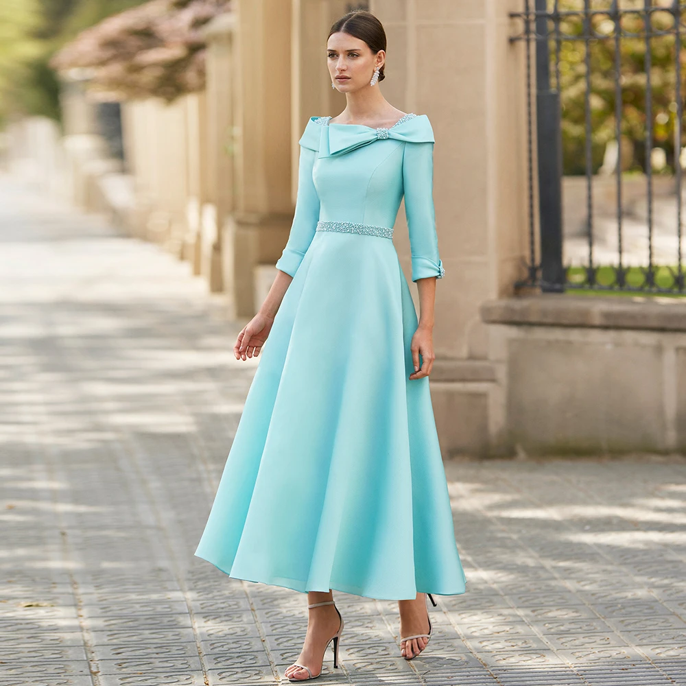 Elegant Mother of the Bride Dresses O Neck 3/4 Sleeves Wedding Party Gowns Pearls Bow A-Line Robe De Soir&eacute;e Femme