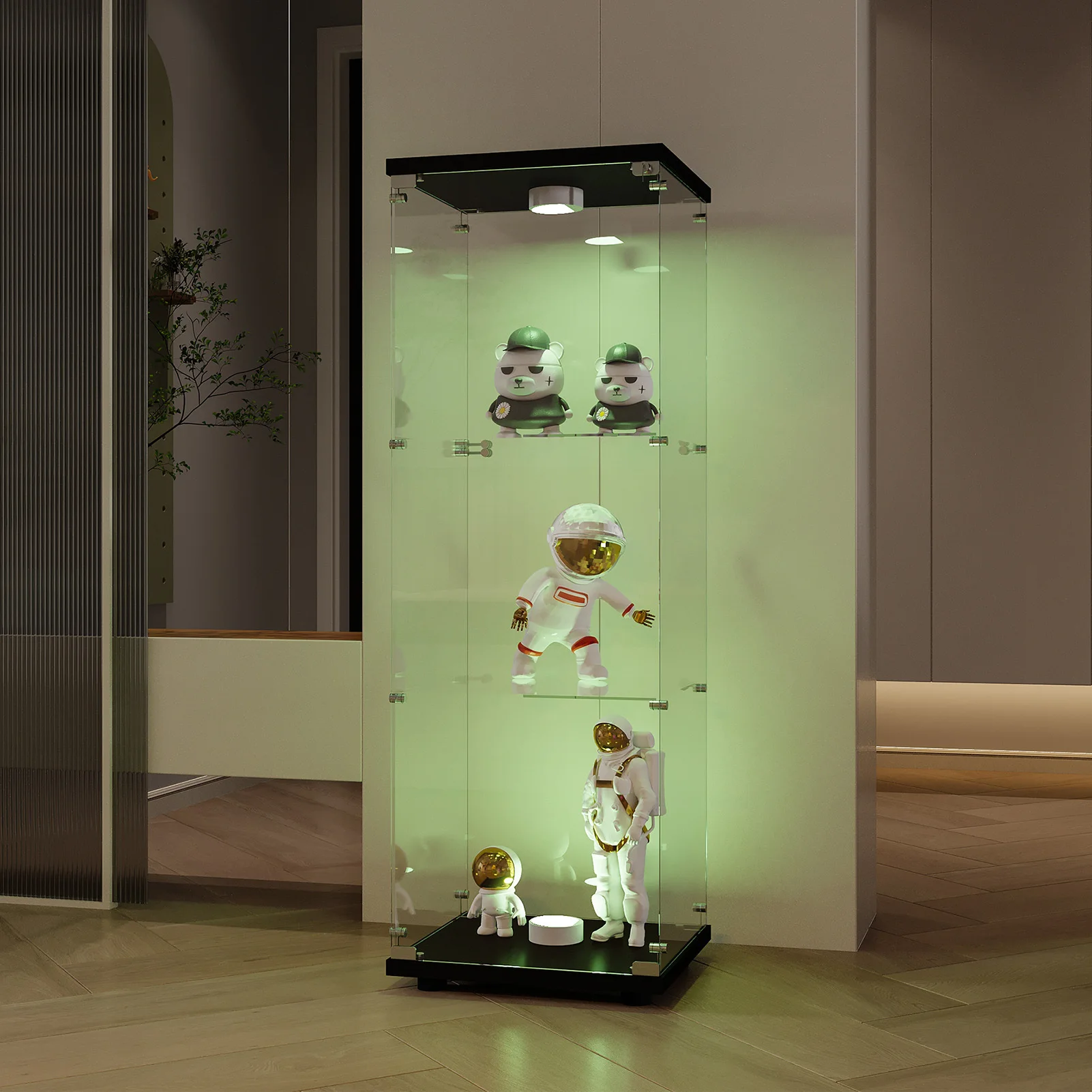 Superaly Moderner Freistehender Vitrinenschrank, 3 Etagen aus Sicherheitsglas mit Einzeltür, für Büro und Wohnzimmer, Schwarz – Detail 2