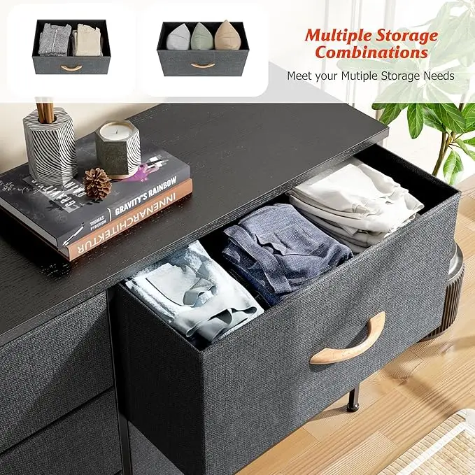 5-Drawer Dresser for Bedroom, Wide Chest of Drawers with Wood Board and Fabric Drawers, Ideal for Closet, Clothes, Kids, Nursery 5
