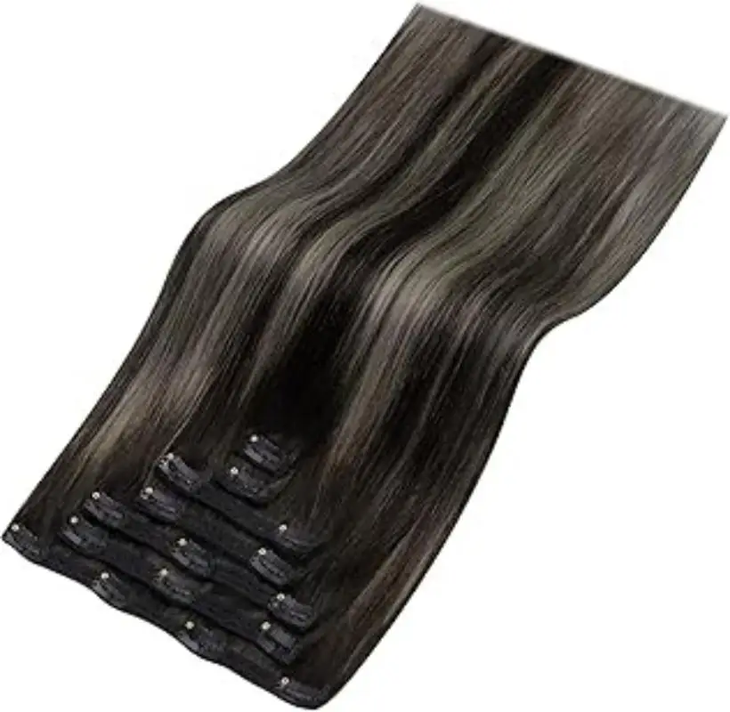 YoungSee Ombre Black Clip in Hair Extensions with Lace Blend of Black and Silver with Roots Human Hair For Salon 7Pcs 120G human hair extensions
