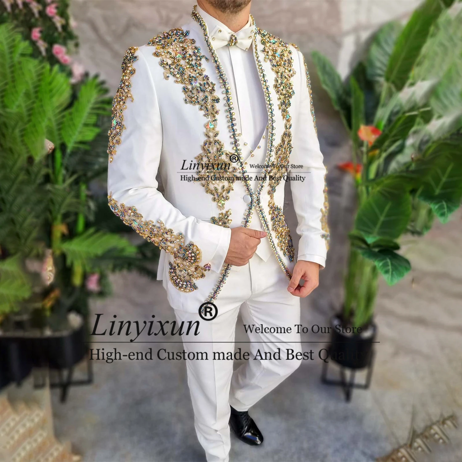 

Metal Embellished Men Suits Luxury Beaded Pearls Male Prom Blazers 3 Pieces Sets Wedding Groom Tuxedos Slim Fit Costume Homme