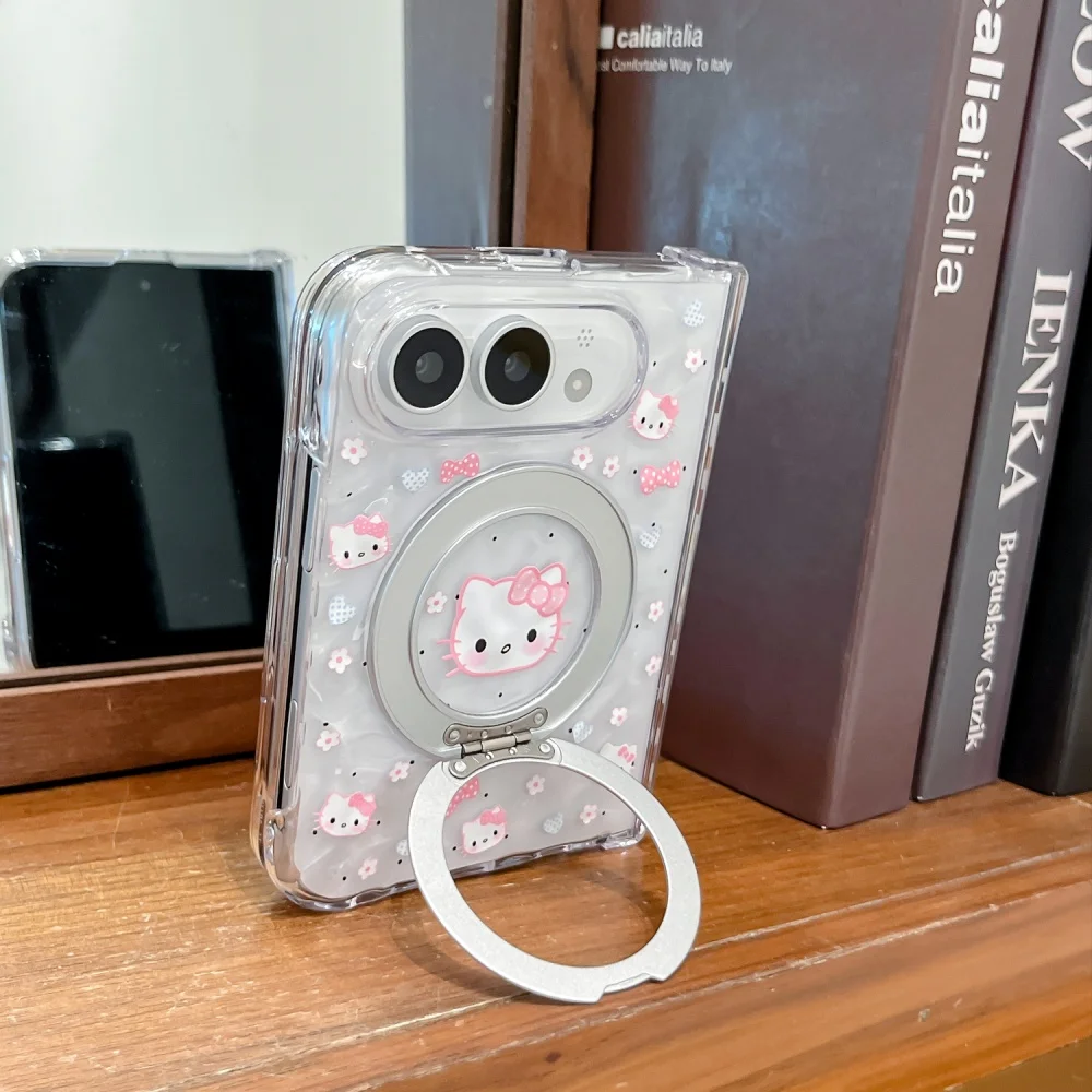 Charming Kawaii Cartoon Kitten Magnetic Phone Case - Fashionable Foldable Anti-Fall Protective Cover with MagSafe Holder