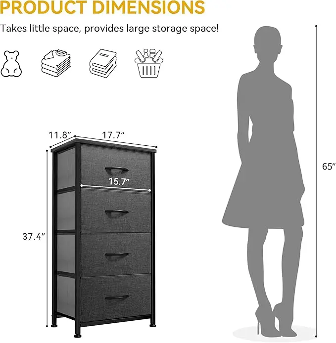 4-Drawer Fabric Storage Tower, Sturdy Steel Frame with Wooden Top, Perfect for Bedroom, Living Room, or Closet Organization 5
