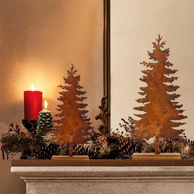 Rusty Metal Evergreen Tree Set Christmas Decor Vintage Christmas Trees Table Centerpiece with Wooden Base Indoor Farmhouse Decor 2