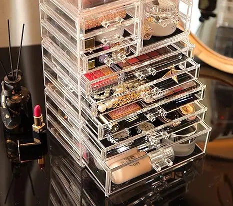 "4-pack clear stackable makeup organizers – 9-drawer vanity storage for jewelry & beauty products" 5