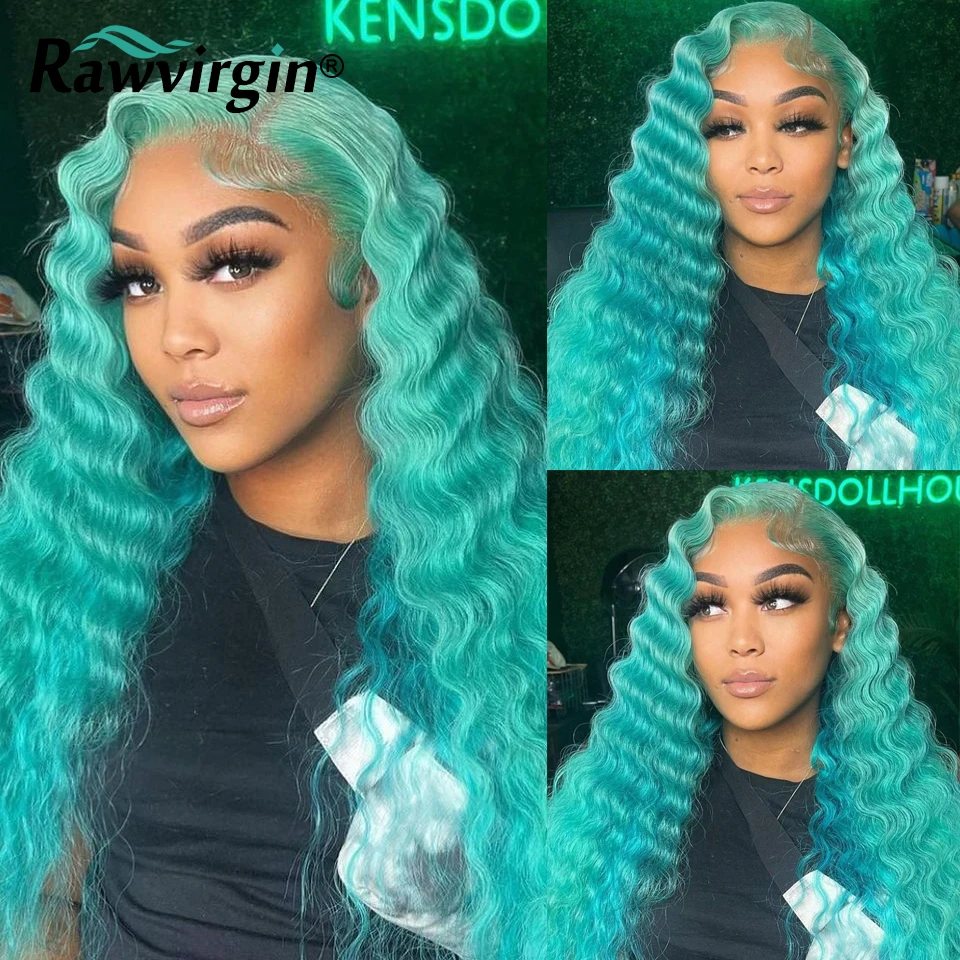 Perruque Lace Front Wig Body Wave Naturelle Lisse, Cheveux Humains, Vert Menthe, Bleu, Deep Wave, Transparent HD, pour Femme