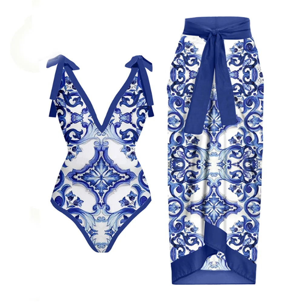 Vintage Women One Piece Swimsuit Designer Bathing Suit Beach Dress Cover Up Luxury Swimwear Summer Blue Fashion Beachwear Women One Piece Swimsuit