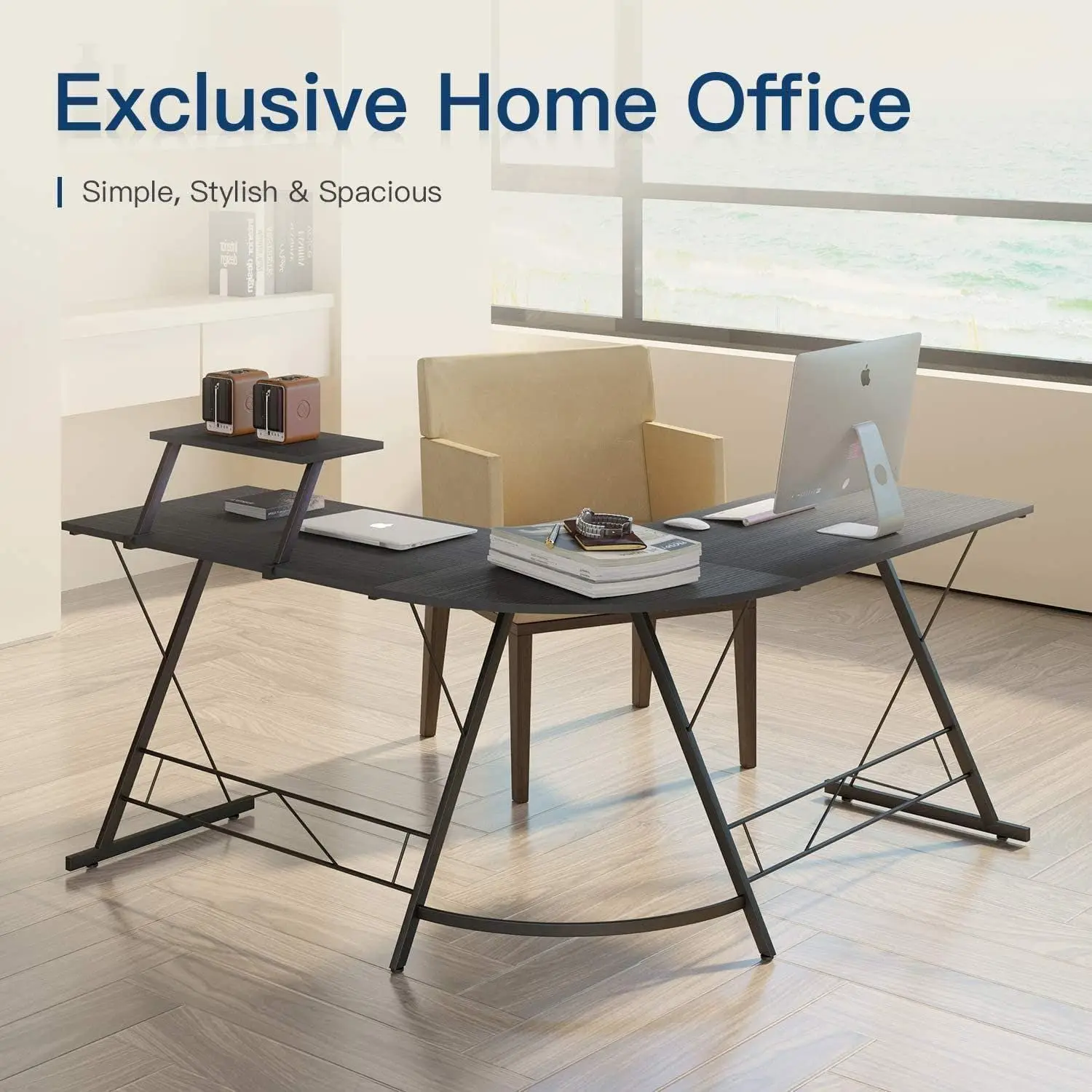 مكتب ألعاب على شكل حرف L زاوية مستديرة، رف كمبيوتر...