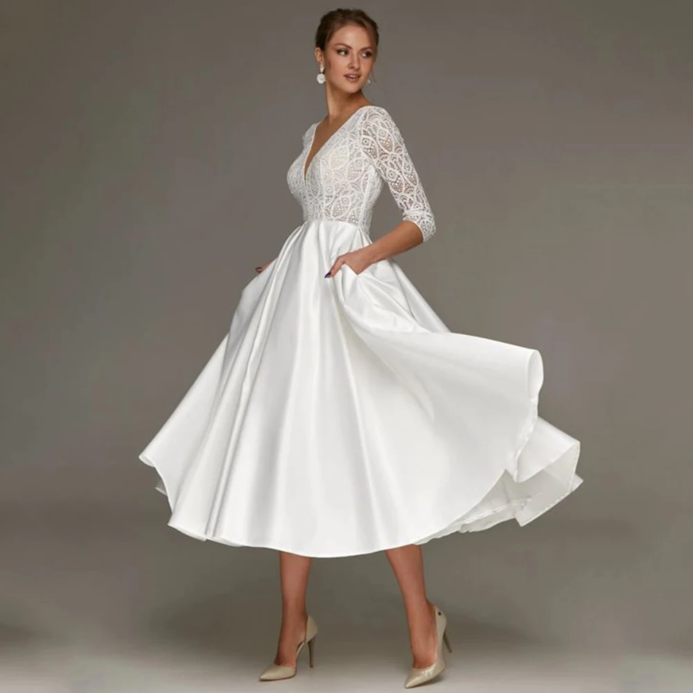 White Satin Lace V Neck Wedding Dress 3/4 Sleeves Tea Length A Line Bridal  Gowns | eBay