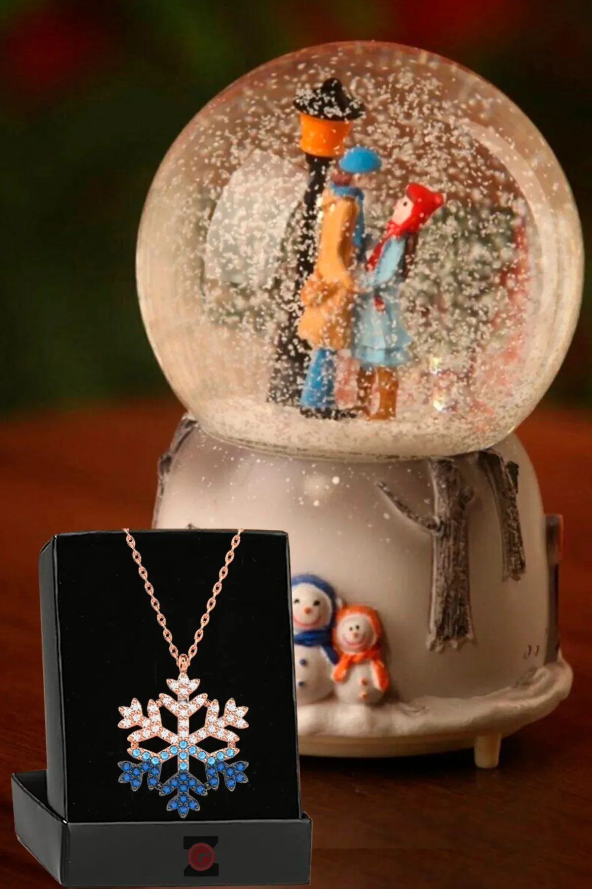 endless-love-winter's-tale-color-changing-luminous-musical-medium-size-snow-globe-and-zircon-snowflake-necklace