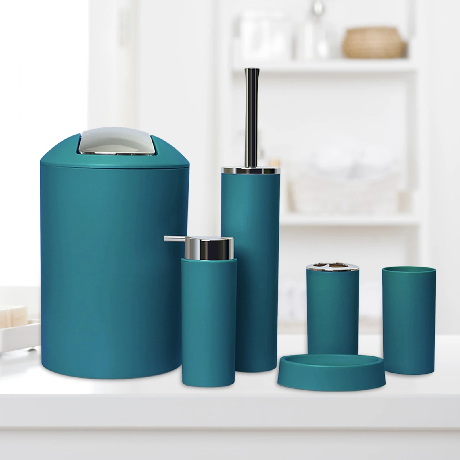 Six Piece Plastic Bathroom Set Soap Dish Trash Can Toilet Brush