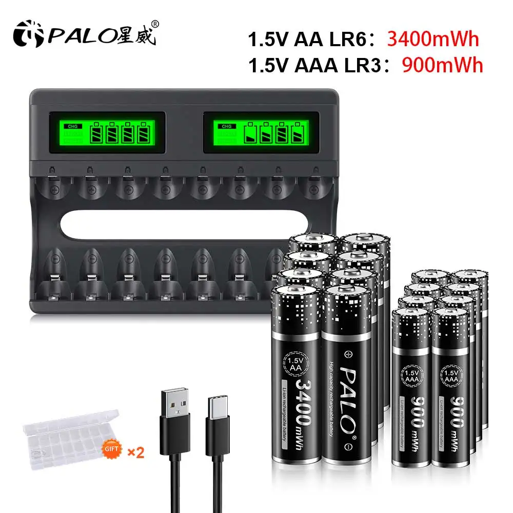 Batteria Ricaricabile Al Litio Palo Aa Aaa 1.5V 3400Mwh Batteria Aa Agli Ioni Di Litio Batterie Ricaricabili Aaa 900Mwh Con Caricabatterie Intelligent