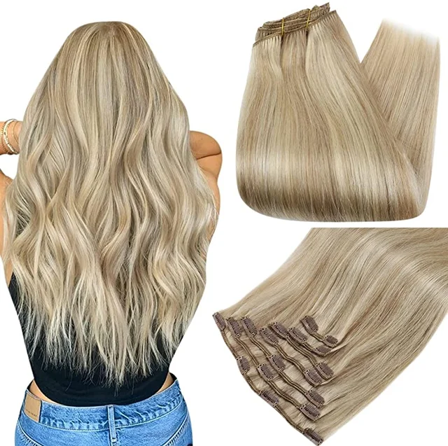 Full Shine Clip In Human Hair Extensions Balayage Ombre Blonde Black Hairpins 7pcs 120g Double Weft 100% Machine Remy For Woman 16p22