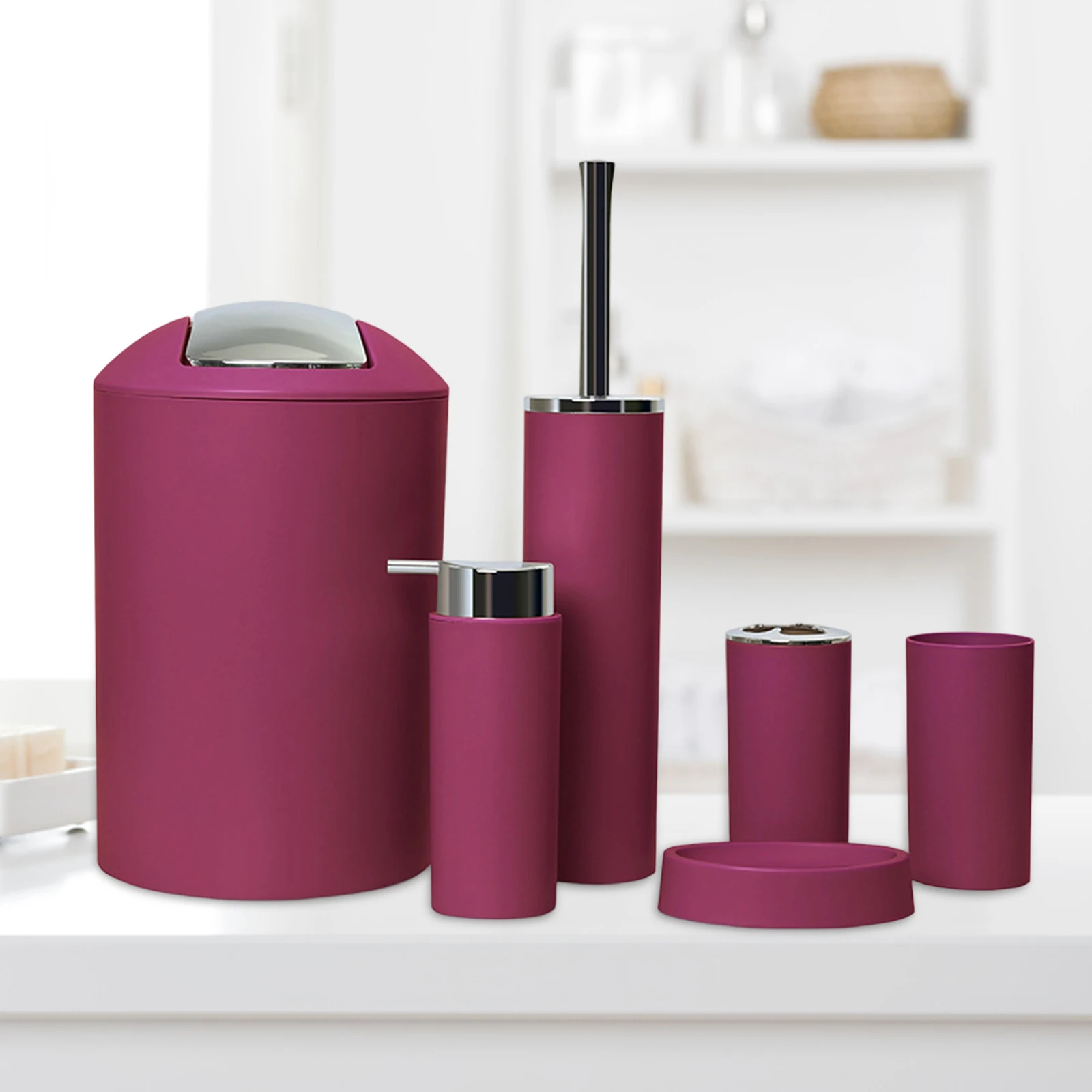 Six Piece Plastic Bathroom Set Soap Dish Trash Can Toilet Brush