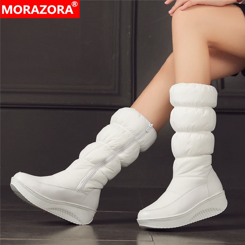 MORAZORA Plus size 35-44 new fashion winter snow boots platform shoes footwear mid calf women boots solid color zipper white