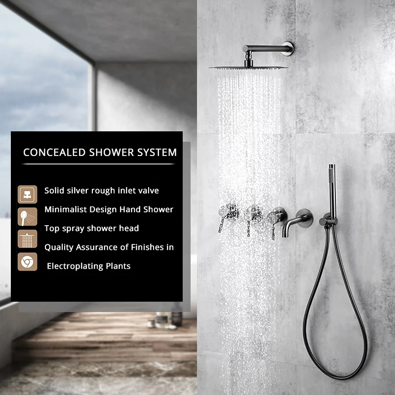 Gunmetal Shower Faucet Set Bathtub Mixer Tap Wall Mount Rainfall Head Kit Solid Brass With Bath Spout 150/210/260MM Handshower For Shower Head,Shower Set